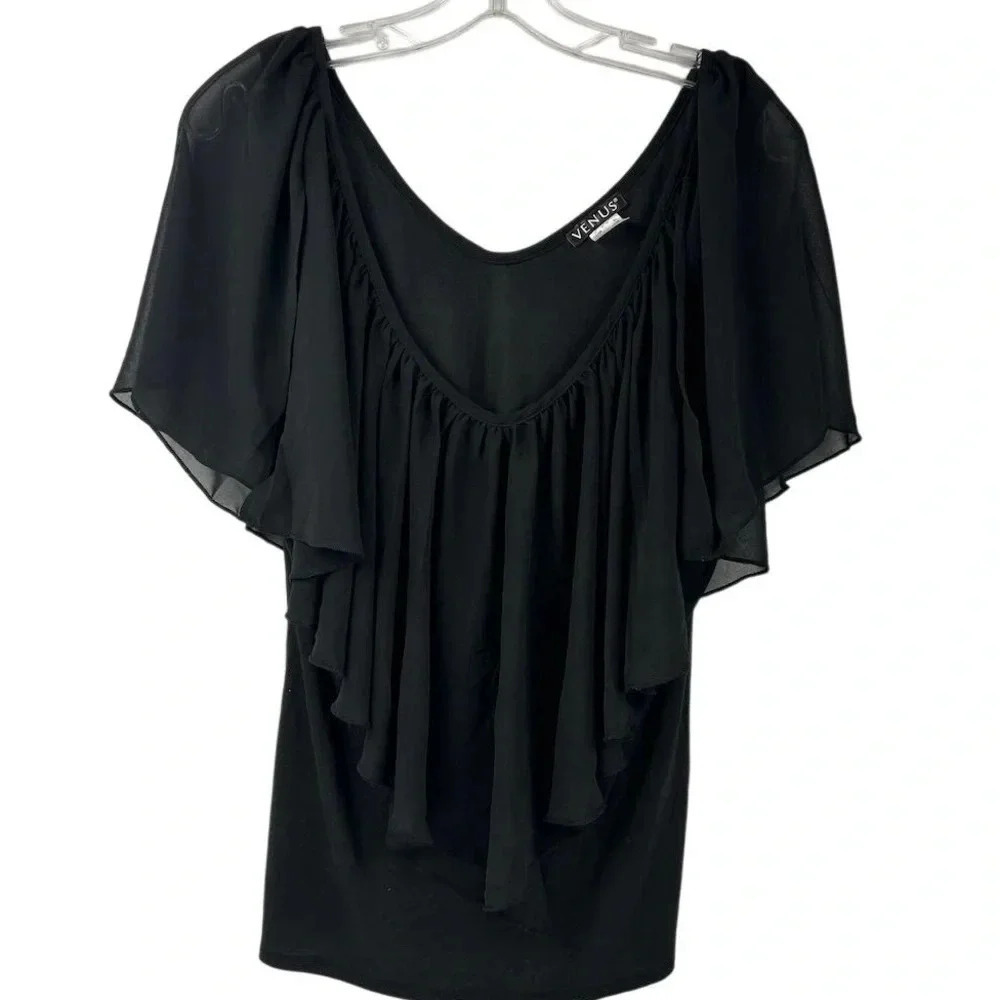 Venus Women's XL Black Flouncing Flared Sleeve Mesh Blouse Top